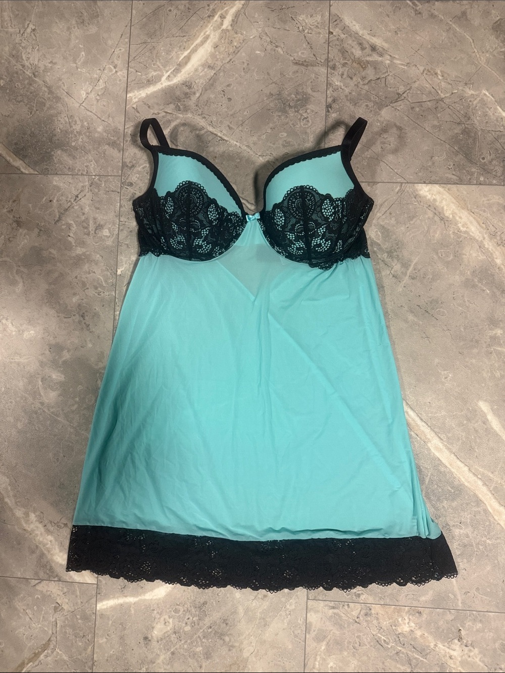 Victoria's Secret Aqua Chemise with Black Lace Trim